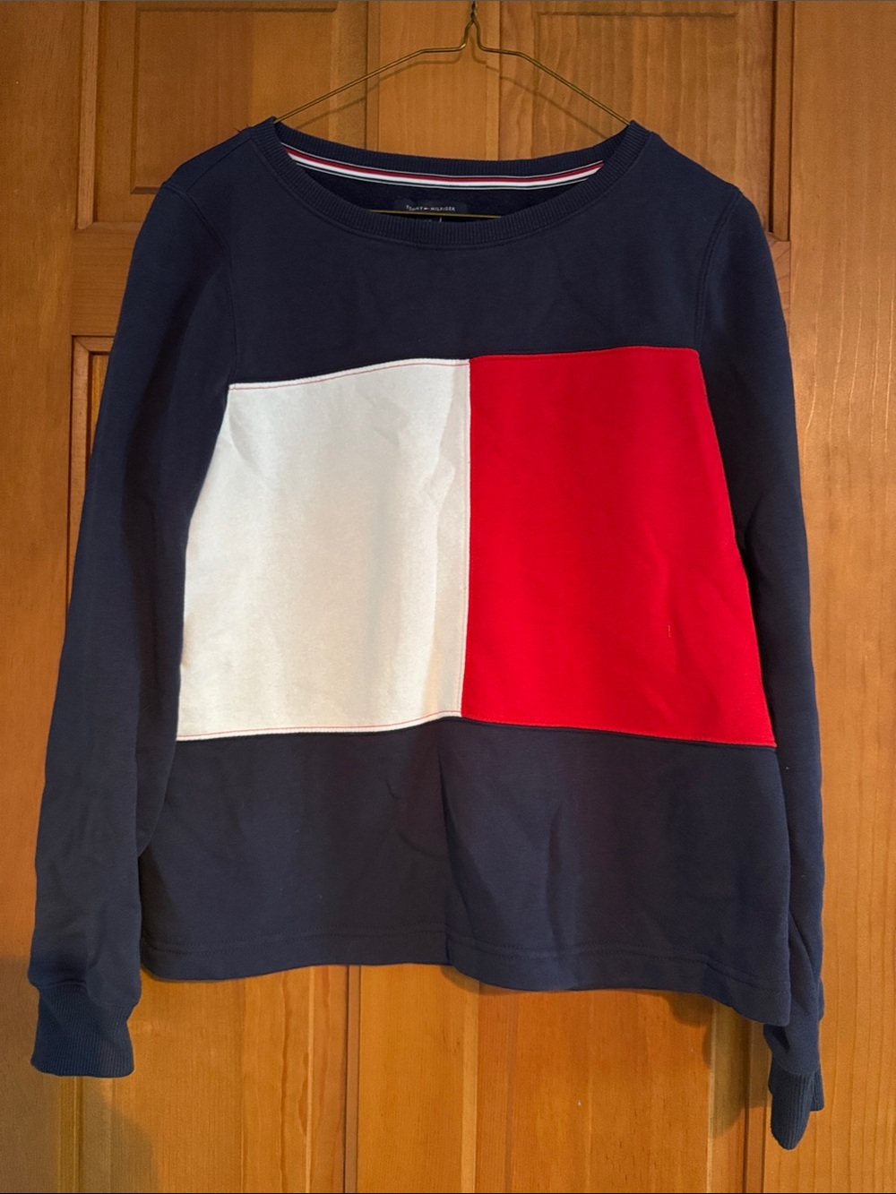 Tommy Hilfiger Navy Crewneck Sweater with White & Red Colorblock